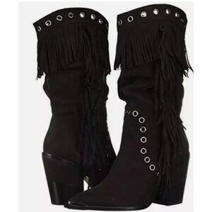 Kenneth Cole Womens West Side Fringe Mid-Calf Fashion Boot Black Size 9.5M